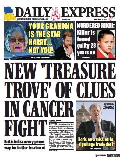 Daily Express Newspaper Front Page for 22 April 2022