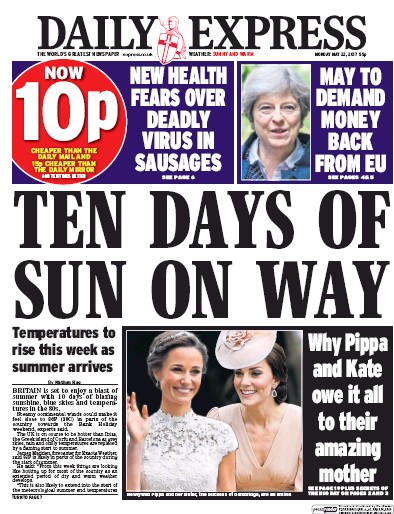 Daily Express Newspaper Front Page for 22 May 2017