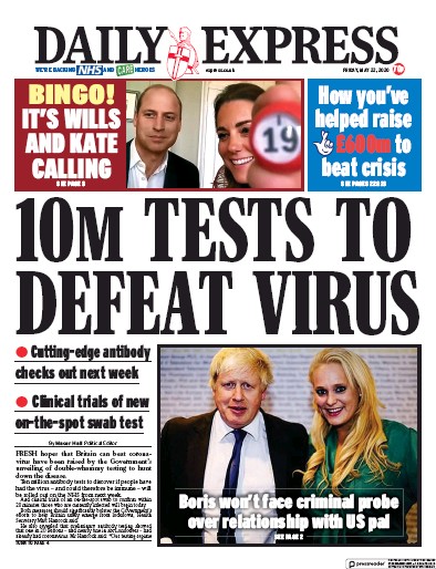 Daily Express Newspaper Front Page for 22 May 2020