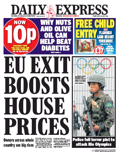Daily Express Newspaper Front Page for 22 July 2016