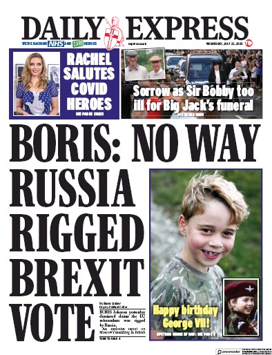 Daily Express (UK) Newspaper Front Page for 22 July 2020