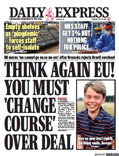 Daily Express (UK) Newspaper Front Page for 22 July 2021