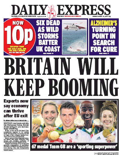 Daily Express (UK) Newspaper Front Page for 22 August 2016