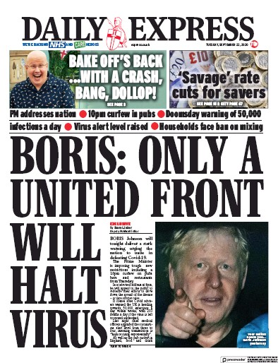 Daily Express Newspaper Front Page for 22 September 2020