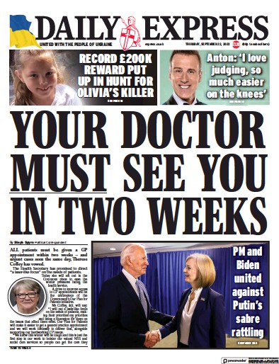 Daily Express (UK) Newspaper Front Page for 22 September 2022