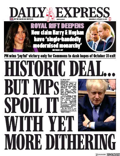 Daily Express Newspaper Front Page for 23 October 2019