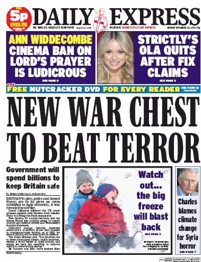 Daily Express (UK) Newspaper Front Page for 23 November 2015