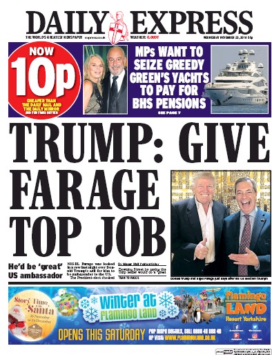 Daily Express Newspaper Front Page for 23 November 2016