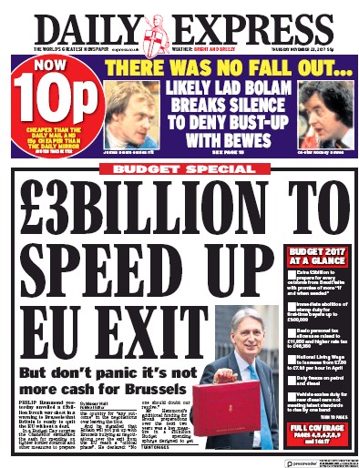 Daily Express Newspaper Front Page for 23 November 2017