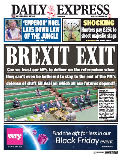 Daily Express Newspaper Front Page for 23 November 2018