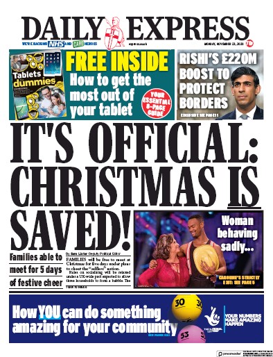 Daily Express Newspaper Front Page for 23 November 2020
