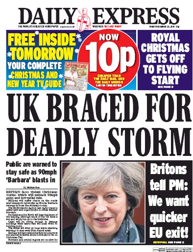 Daily Express Newspaper Front Page for 23 December 2016