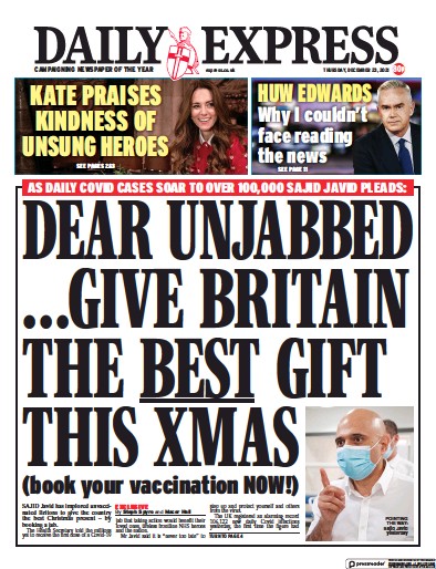 Daily Express (UK) Newspaper Front Page for 23 December 2021