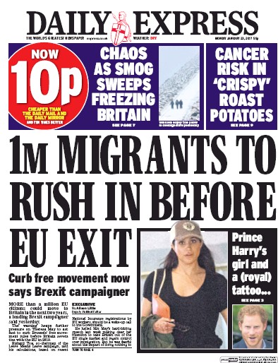 Daily Express Newspaper Front Page for 23 January 2017