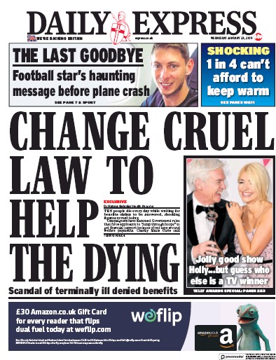 Daily Express Newspaper Front Page for 23 January 2019