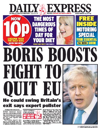 Daily Express Newspaper Front Page for 23 February 2016