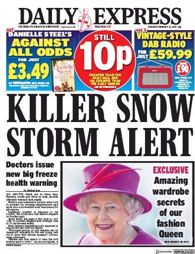 Daily Express (UK) Newspaper Front Page for 23 February 2018