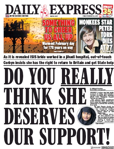 Daily Express (UK) Newspaper Front Page for 23 February 2019