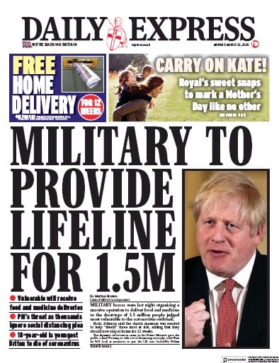 Daily Express (UK) Newspaper Front Page for 23 March 2020