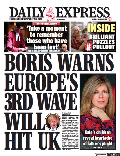 Daily Express (UK) Newspaper Front Page for 23 March 2021