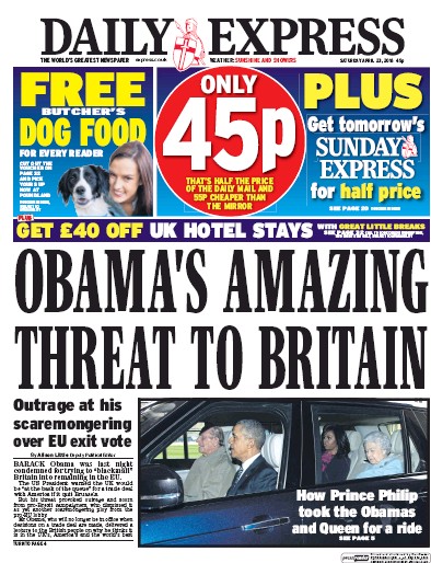 Daily Express Newspaper Front Page for 23 April 2016