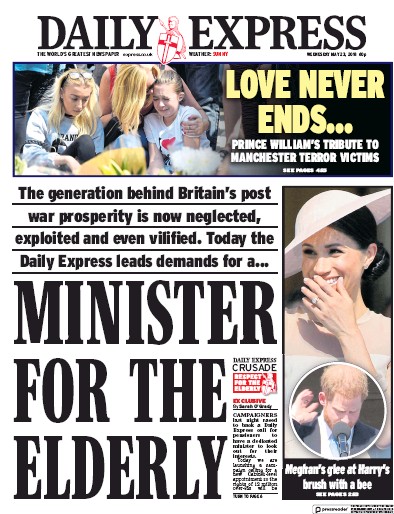 Daily Express Newspaper Front Page for 23 May 2018