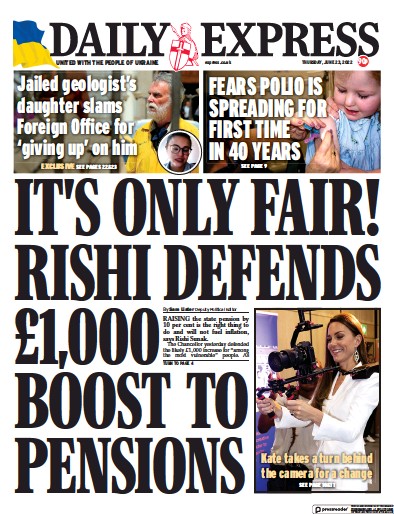 Daily Express (UK) Newspaper Front Page for 23 June 2022