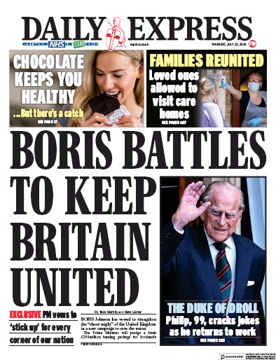 Daily Express Newspaper Front Page for 23 July 2020