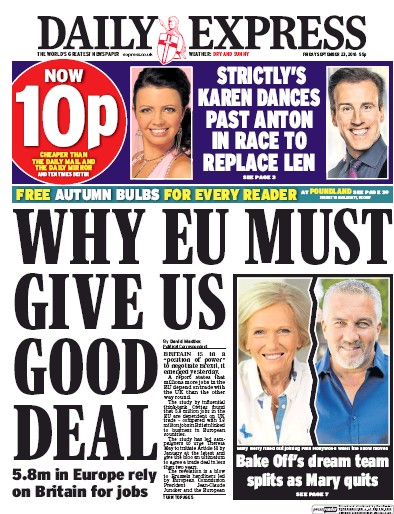Daily Express Newspaper Front Page for 23 September 2016