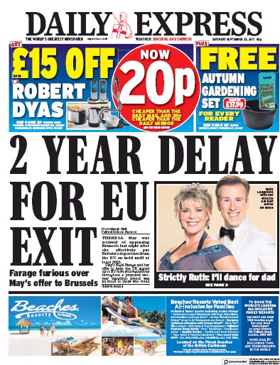 Daily Express (UK) Newspaper Front Page for 23 September 2017