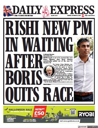 Daily Express Newspaper Front Page for 24 October 2022
