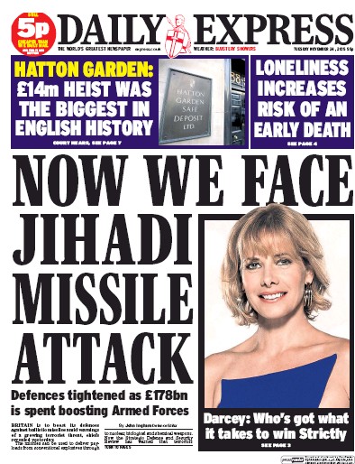 Daily Express Newspaper Front Page for 24 November 2015