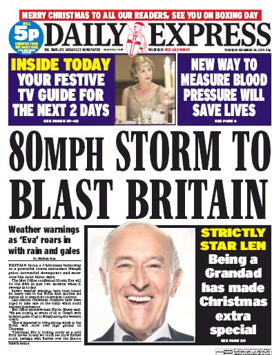 Daily Express Newspaper Front Page for 24 December 2015
