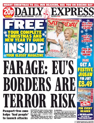 Daily Express Newspaper Front Page for 24 December 2016