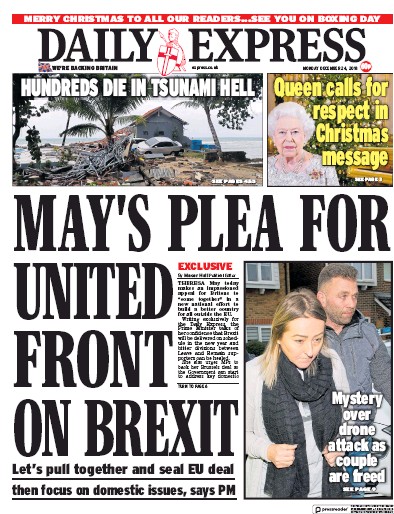Daily Express Newspaper Front Page for 24 December 2018