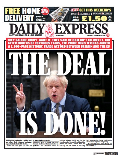 Daily Express Newspaper Front Page for 24 December 2020