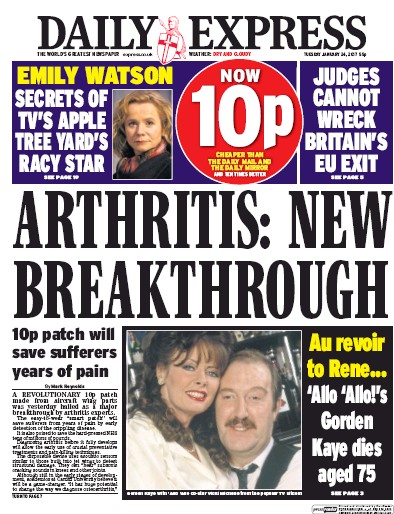 Daily Express Newspaper Front Page for 24 January 2017