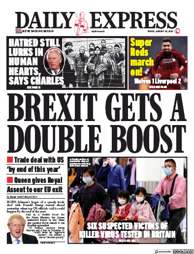 Daily Express Newspaper Front Page for 24 January 2020