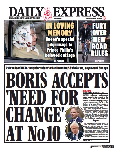 Daily Express (UK) Newspaper Front Page for 24 January 2022