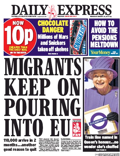 Daily Express Newspaper Front Page for 24 February 2016
