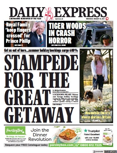 Daily Express (UK) Newspaper Front Page for 24 February 2021