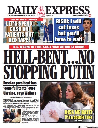 Daily Express (UK) Newspaper Front Page for 24 February 2022