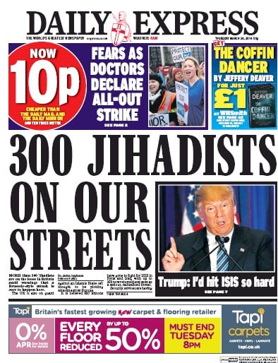 Daily Express Newspaper Front Page for 24 March 2016