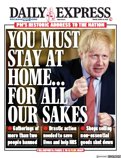 Daily Express Newspaper Front Page for 24 March 2020