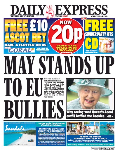 Daily Express Newspaper Front Page for 24 June 2017