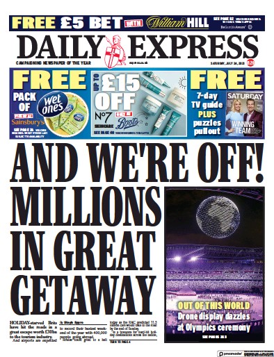 Daily Express (UK) Newspaper Front Page for 24 July 2021