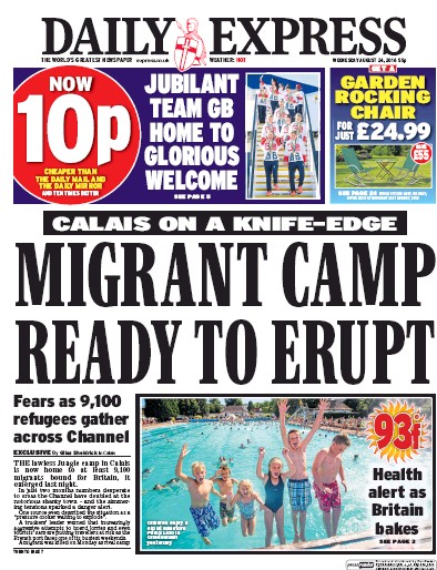 Daily Express Newspaper Front Page for 24 August 2016