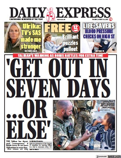 Daily Express (UK) Newspaper Front Page for 24 August 2021