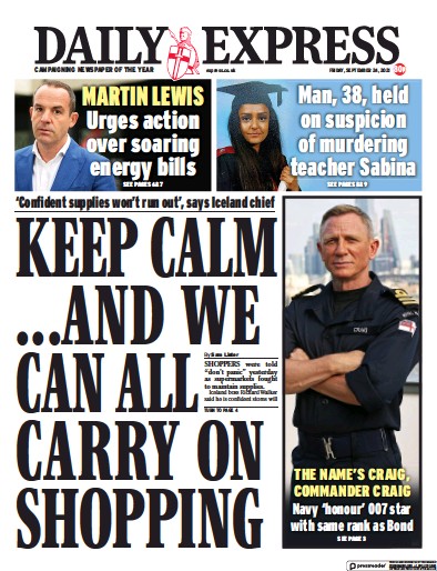 Daily Express (UK) Newspaper Front Page for 24 September 2021