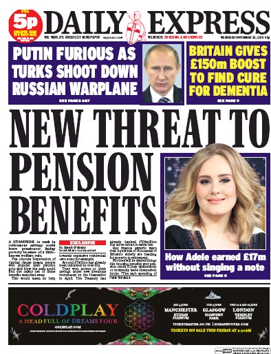 Daily Express (UK) Newspaper Front Page for 25 November 2015